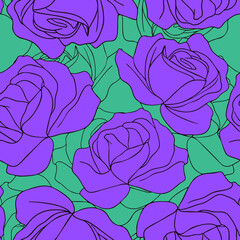 Abstract Line Drawing Roses with Stripes Seamless Vector Pattern Isolated Background