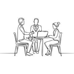 Minimalist one-line drawing of a team of coworkers gathered around a table in discussion