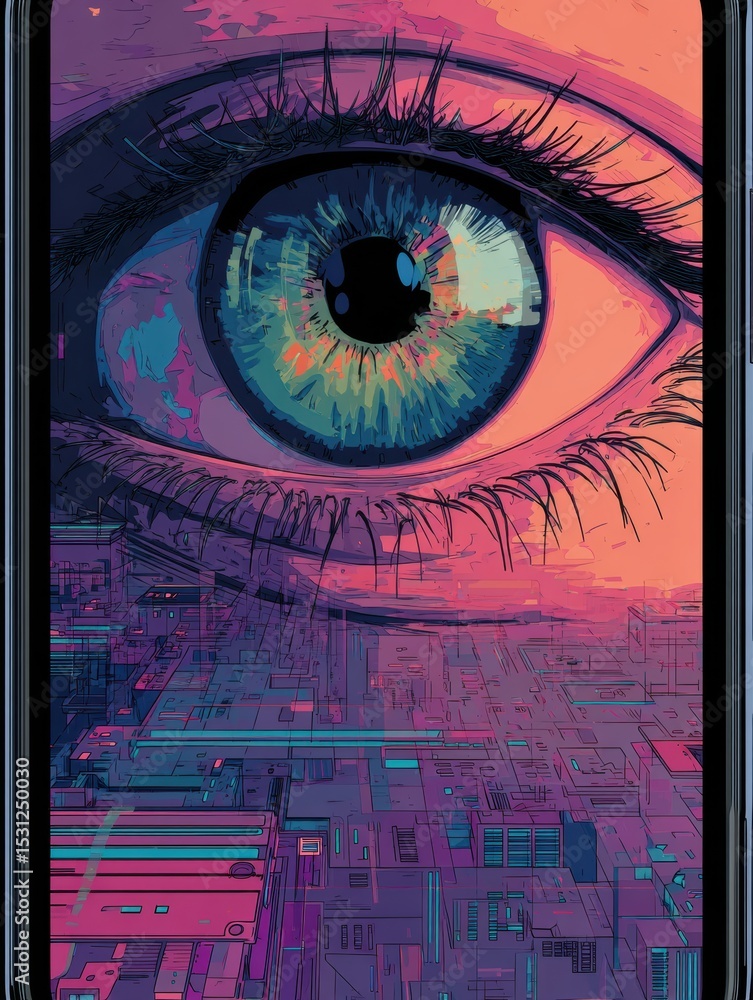 Poster stylized eye reflected in smartphone screen showcasing cyberpunk colors with minimalism in the right