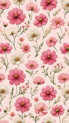 Pretty Pink and White Cosmos Flower Pattern Illustration