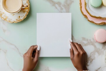 eye view of a luxurious French-inspired bakery table with a blank white sheet of paper centered as the main focus