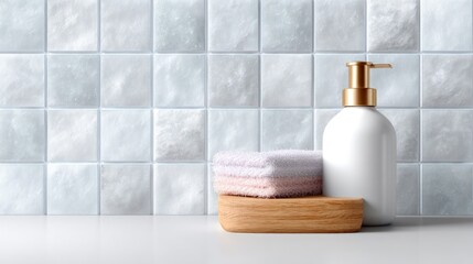 White Soap Dispenser and Pink Towels on Wooden Block Against Shiny White Tiles