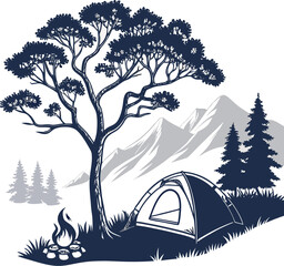 Night Camp Illustration: A serene scene under the moonlight with a tent set up near a large tree in a silhouetted illustration, evoking a sense of adventure and peaceful camping experience.	