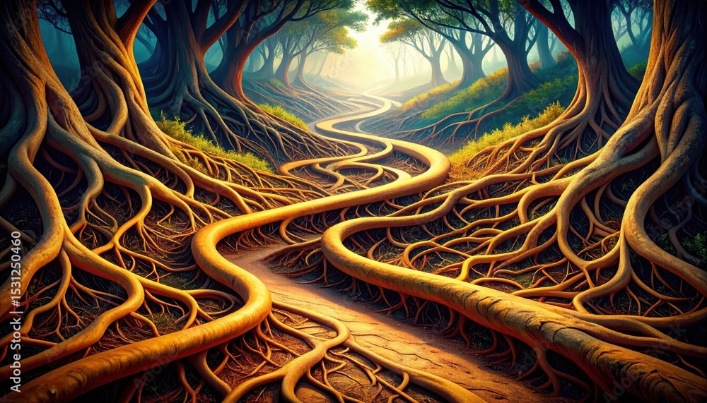 Poster metaphorical pathway of tangled roots representing ancestry connection