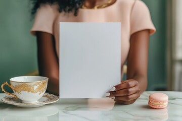 eye view of a luxurious French-inspired bakery table with a blank white sheet of paper centered as the main focus