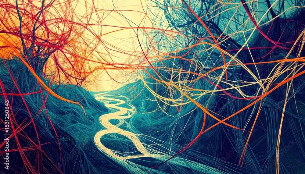 Poster abstract pathway of tangled threads representing complex decisions