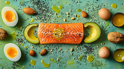 Salmon, avocado, eggs, almonds, and nuts arranged on a textured surface.