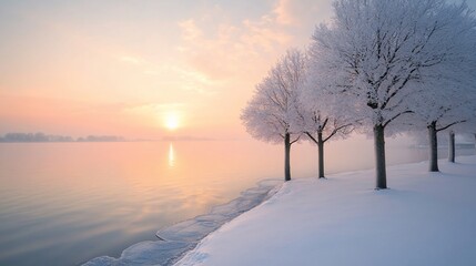 Winter sunrise over a frozen lake with frosted trees