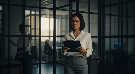 Businesswoman holding clipboard in modern office, glass walls, thoughtful expression, paperwork