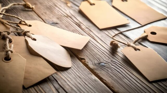 Blank brown paper tags attached with twine arranged on rustic wooden planks, promoting handmade items, vintage aesthetic, craft design, close up