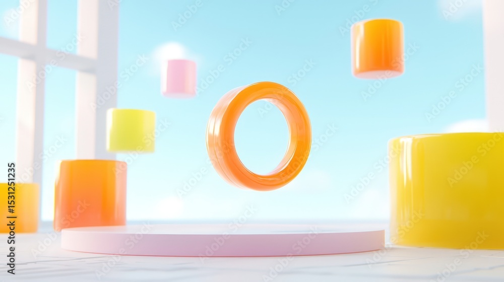 Poster bright colorful abstract 3d render with floating geometric shapes