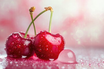 A few photos of cherries and water, with light red cherry wallpaper on the background wall
