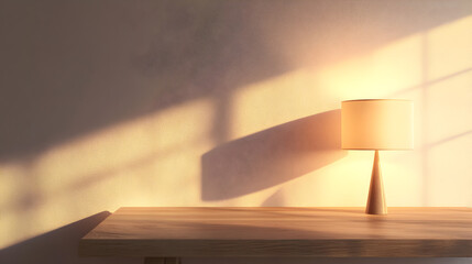 diseño de un cuarto o habitacion con una mesa de madera y una lampara iluminando el cuarto con espacio de copia sencillo y elegante