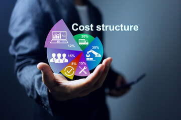 Businessman or entrepreneur holding pie chart to analysis cost structure on pie chart include factors such as production, staffing, employee, maintenance transportation and advertising analytic tools