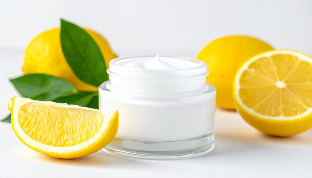 Jar of moisturizing cream with vitamin C, fresh lemon. Organic skincare product. Natural cosmetic.