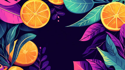 An illustration featuring colorful orange slices and exotic leaves arranged around a dark central space.