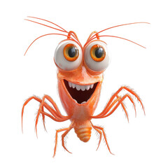 Vibrant animated shrimp character with big eyes smiling cheerfully in bright colors