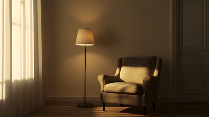 un sillon de una plaza indivudual junto a una lampara de pie encendida para iluminar el cuarto junto a un ventanal con cortinas