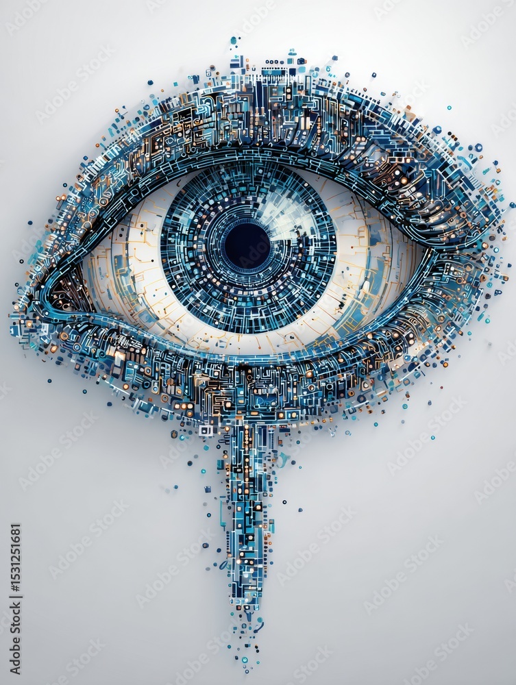 Poster stylized eye design crafted from digital circuits exhibits a tech-inspired aesthetic with a minimal 