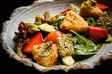 A colorful salad featuring crispy vegetables, juicy strawberries, and fresh greens in a rustic bowl