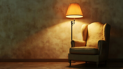 una lampara encendida junto a un sillon individual  junto a un muro o pared con espacio de copia estilo de vida de lujo  elegante 