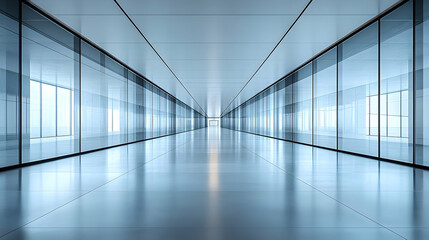 A long, empty, bright hallway with glass walls reflects the light. Modern and sterile
