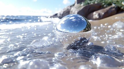 A crystal ball on a sunlit beach reflects the sky and coast, with water flowing around transparent pebbles