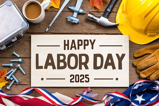 Labor day 2025 celebration with tools and american flag on wood