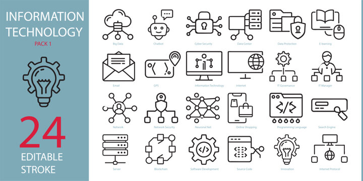 Information technology vector outline icons. Containing computing, server, OS, internet, network, security solid icons collection. Vector illustration.For website design, logo, app, template, ui, etc.