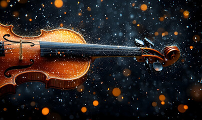 A violin, partially lit, amidst a bokeh background with glowing orbs and a sprinkling of light particles