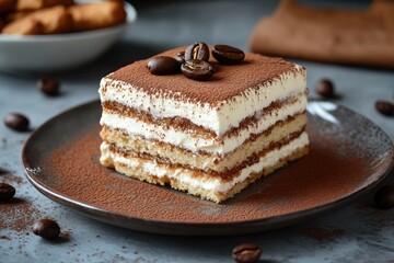 Ultra-realistic image of a classic tiramisu with layers of coffee-soaked ladyfingers and mascarpone cream, dusted with cocoa powder