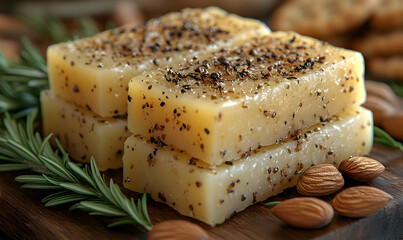 Stacked squares of cheese seasoned with pepper, surrounded by rosemary sprigs and almonds on a wooden board