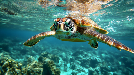 Sea turtle swimming in clear turquoise water over coral reef.