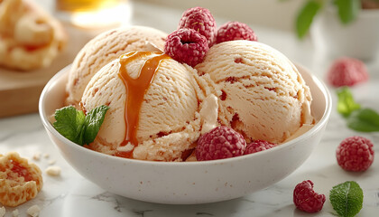 Close-up shot of peach-toned ice cream scoops in a speckled bowl, topped with raspberries and a caramel drizzle