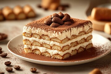 Ultra-realistic image of a classic tiramisu with layers of coffee-soaked ladyfingers and mascarpone cream, dusted with cocoa powder