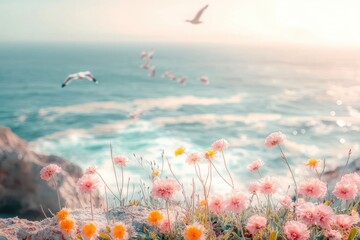 Coastal flowers, pink and yellow sea pimpernels, are growing on the rocky coast of California, overlooking the ocean waves in the distance, seagulls flying. 