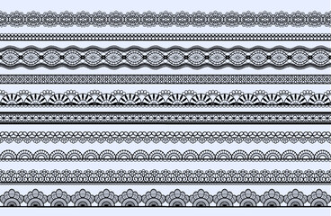 Lace pattern. Black trim border. Fabric texture with simple frame. Geometric jacquard ornament. Mesh embroidery print. Elegant tape. Decorative ribbon lines set. Vector seamless design