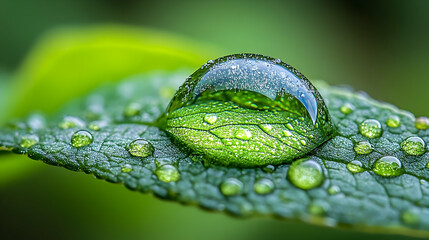 Macro shot water droplet clinging to vibrant green leaf, tiny beads surrounding, soft focus background
