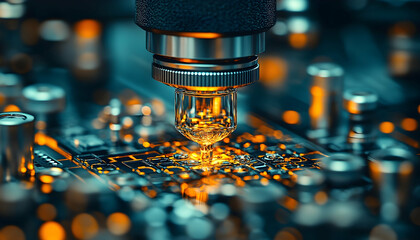 Close-up of a machine analyzing a circuit board with intricate patterns and glowing elements