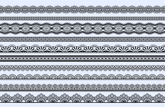 Lace pattern. Black trim border. Fabric texture with simple frame. Geometric jacquard ornament. Mesh embroidery print. Elegant tape. Decorative ribbon lines set. Vector seamless design