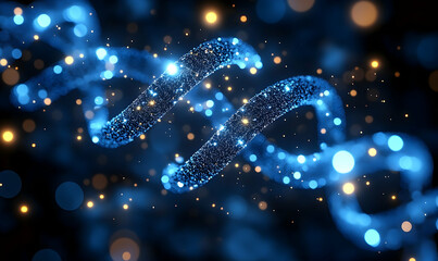 Abstract, glowing, blue DNA strand with golden particles on a dark background