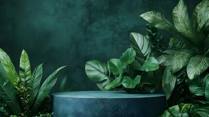 Dark teal background with lush tropical plants and a round pedestal.