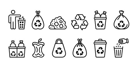 Fototapeta premium A Set of 15 Minimalist Black and White Recycling Icons Adobe Stock