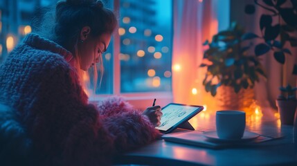 Woman drawing on a tablet at a window seat at night