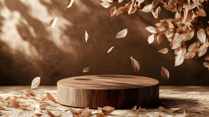 Wooden podium surrounded by autumn leaves.