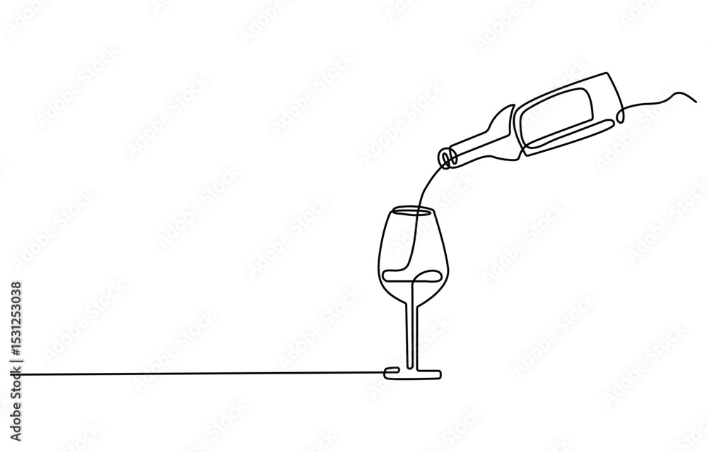 Poster wine bottle and wine glass drawing with one continuous line, continuous line one drawing of wine bot