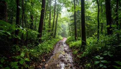 Muddy Trail in Dense Forest During Light Rain with Wet Leaves