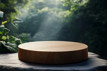 Wooden disc podium in a natural setting.