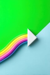 White Triangle Arrow Bending Across Split Green and Blue Background with Rainbow