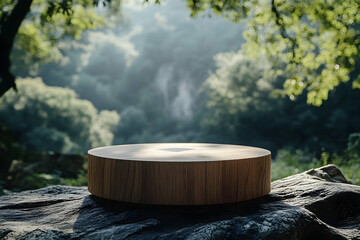 Wooden pedestal in a natural setting.